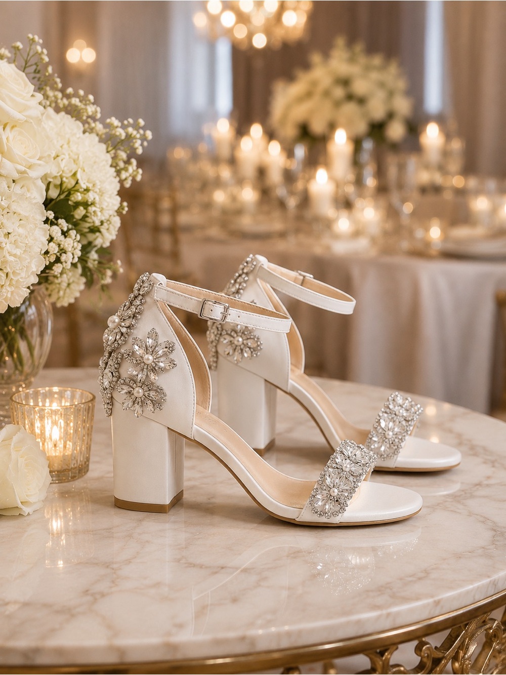 Luxury Ivory Bridal Heels Crystal Pearl Wedding Shoes Chunky Heel Bride Sandals
